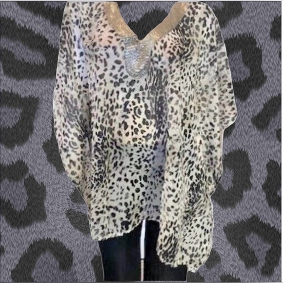 Joan Boyce Black/White Chiffon Tunic V-Neck w/Silver Beaded Trim Missy NWT $99 - Picture 6 of 8